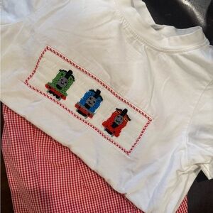 White Kids Smocked Thomas the Train Tee with matching Red Checked Shorts